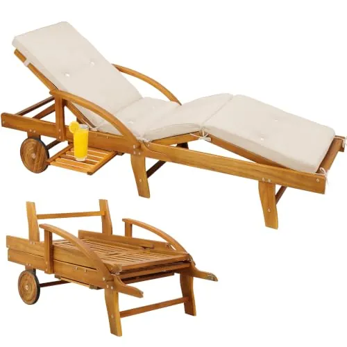 Casaria® Tumbona Madera Plegable Incl. Cojín 200cm Capacidad 320KG Ruedas Mesita Jardín Balcón Terraza