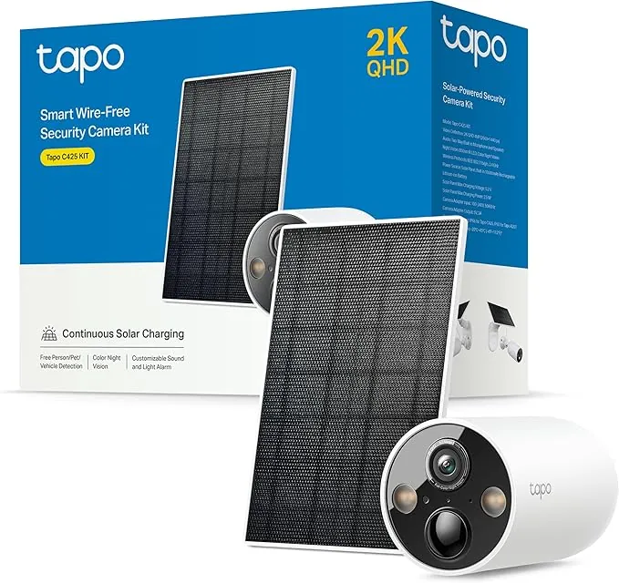 Tapo C425 Kit-Cámara de Seguridad Solar, Base magnética Ajustable, visión Nocturna en Color, Memoria MicroSD, batería de 10000 mAh, Campo de visión súper Gran Angular de 150°, Compatible con Alexa