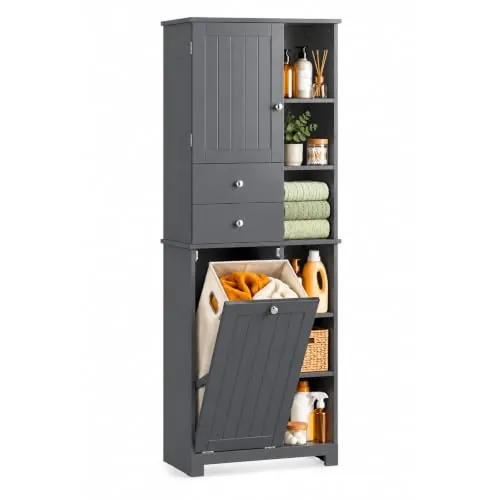 SoBuy Mueble Baño 60cm con Cesto Ropa Sucia y 2 Cajones Gris BZR104-DG | 6 Baldas y Almacenaje por Compartimentos para Toallas y Aseo, Ideal para Baño y Lavadero