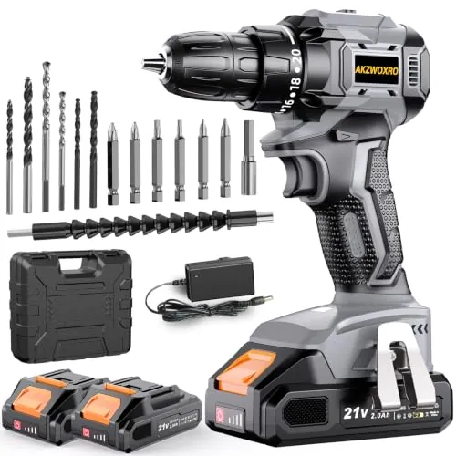 Taladro Atornillador Batería 21V, Sin Escobillas Taladro Atornillador Bateria con 2x2.0Ah Baterías, Atornillador Electrico 45N.m, 20+1 Ajuste de Par, 14 Accesorios, 2 Velocidad, Gris