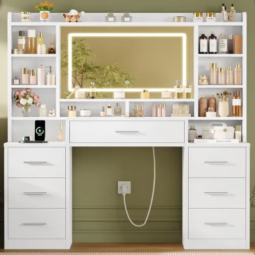 TEENFON Tocador de Maquillaje con Espejo LED y Enchufe,Mesa de Maquillaje con 7 Cajones y Estantes Abiertos, Cómoda Tocador Blanco Moderno para Dormitorio Vestidor