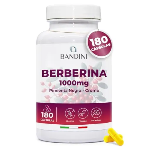 Bandini® Berberina 1000 mg - 180 cápsulas veganas - Con Cromo y Pimienta Negra para una mejor absorción - El mejor extracto concentrado de Berberis Vulgaris - Control de la glucosa y triglicéridos