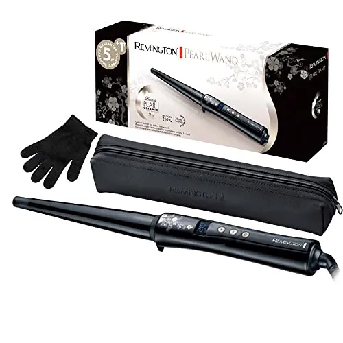 Remington Rizador Pelo Ondas cónico 13-25 mm Pearl revestimiento cerámico con perlas pantalla LCD 130-210 °C, guante resistente al calor, rizos naturales, rizos en espiral y ondas playeras, CI951