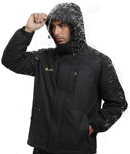 Mnking Chaqueta Nieve Esquí Hombre Impermeable Forro Polar con Capucha | Cazadora Montaña Snowboard Invierno Lana Cálida Antiviento Abrigos con Capucha Desmontable Exterior (Negro,XXL)