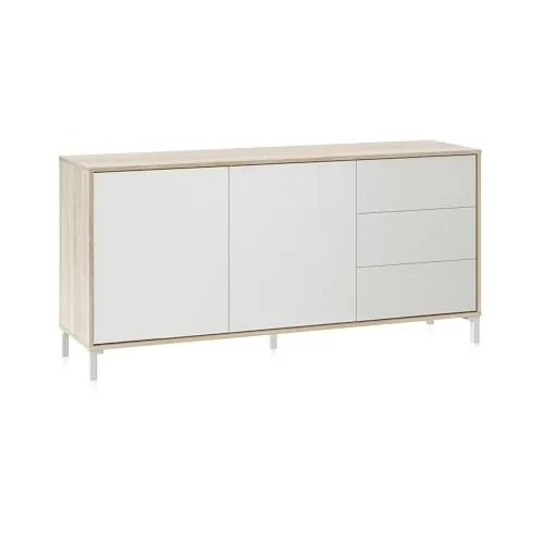 duehome | Aparador 2 Puertas y 3 Cajones, Buffet para Salon, Armario Auxiliar, Modelo Lea, Acabado en Color Roble Canadian y Blanco Artik, Medidas: 154 cm (Ancho) x 74 cm (Alto) x 41 cm (Fondo)