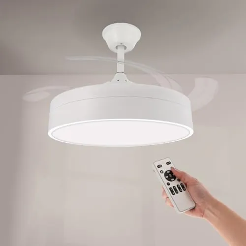 M Mimotec- Ventilador de Techo LED Messe White 72W con Luz CCT Regulable e Intensidad, Motor DC Ultrasilencioso, 6 Velocidades, 4 Aspas Retráctiles, Temporizador, Mando a Distancia