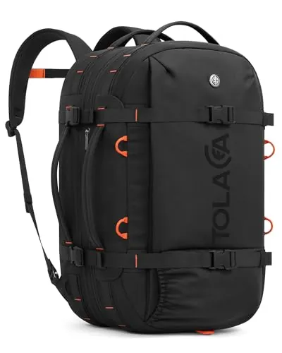 Tolaccea Mochila de Viaje 40L-50L Cabina Avión, Mochila Grande para PC 16" | Material RPET, Ampliable 40-50L, Compartimento portátil 16" apertura 180°, con Compartimento Húmedo, Mochila, Asa y Bandolera