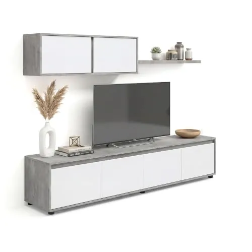 duehome | Conjunto Reversible de Salon, Mueble de TV, Modulos de Comedor, Modelo Arlet, Acabado en Cemento y Blanco Artik, Medidas: 200 cm (Largo) x 41 cm (Fondo) 43 cm (Alto)