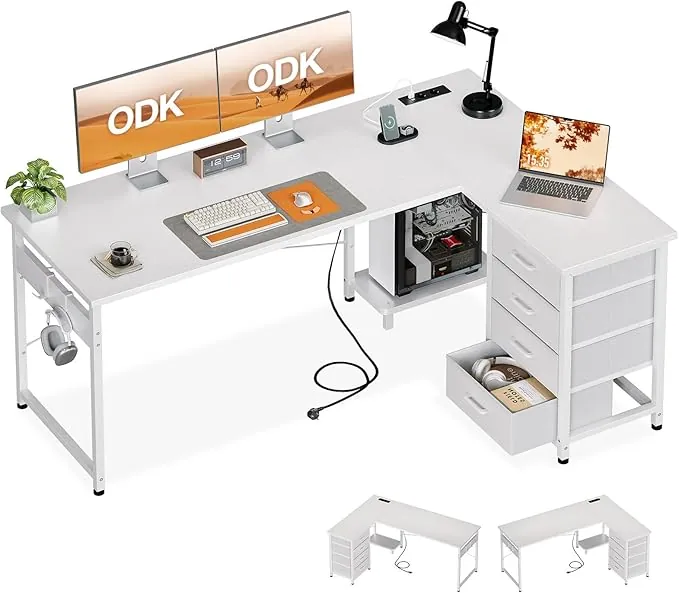 ODK Escritorio Esquinero con Cajones, 155×110 cm Escritorio en L con Enchufes y Puerto de Carga USB, Escritorio Esquina Reversible con Almacenamiento para Oficina en Casa, Blanco