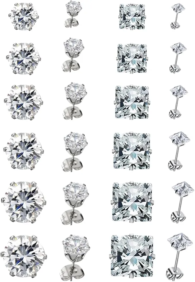 JEYORZY 12 pares de pendientes de hombre de diamante, pendientes de acero quirúrgico para mujer y hombre, circonitas cúbicas, pendientes de botón hipoalergénico cartílago