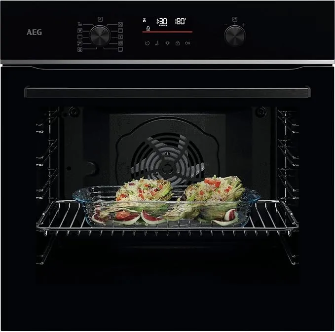 AEG Horno Multifunción TU5PB431SB, 72 L, Limpieza Pirolítica, 9 Funciones, 45 Programas, Wifi, SurroundCook, Pantalla LED, Cocción Multinivel, Carriles Telescópicos, Mandos Escamotables, Cristal Negro