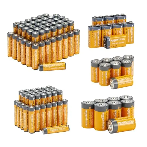 Amazon Basics - Paquete de inicio con 108 pilas alcalinas, contiene 48 AA + 36 AAA + 8 C + 8 D + 8 de 9 V