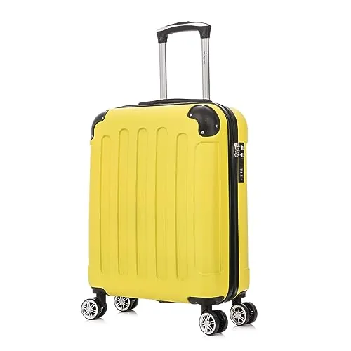 RAYKONG Maleta Cabina ABS 55x40x20cm 44L - Maxima aprovechamiento de Capacidad - 4 Ruedas Giratorias Dobles con 360ª - Candado Incrustado - Amarillo