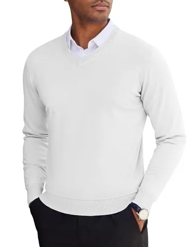 COOFANDY Jersey Hombre de Invierno Cuello en V Pullover Blanco S | Jersey liso y de corte regular y cálido en punto fino