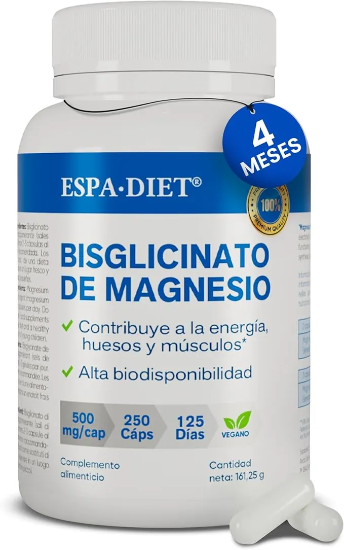 Bisglicinato de Magnesio puro - Alta biodisponibilidad y efecto rápido - Sueño Reparador, Energía, Soporte Óseo-Muscular y Concentración - Magnesio asimilable 250 cápsulas para 4 meses