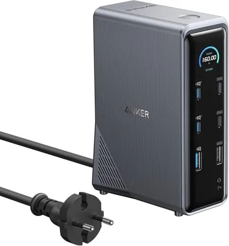 Anker Prime Docking Station 160W, 3 puertos USB-C, 100 W máx. cada uno, 1 puerto USB-A a 12 W máx. , transferencia de datos rápida de 10 Gbps, puertos de audio y Ethernet, pantallas duales 4K