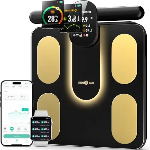 RunSTAR Báscula de baño para el báscula con 8 Electrodos para Peso Corporal y Grasa, IMC, Masa Muscular y 28 Mediciones de Composición Corporal, con Pantalla TFT LCD en Color en Asa Retráctil