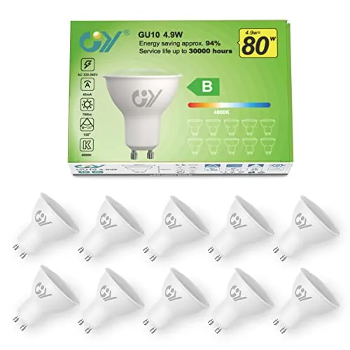 GY 4.9W Bombilla GU10 LED 4000K Blanco Neutro 790LM (Equivalente a 80W), No Regulable, 110 Grados Ángulo de haz - Bombilla Bajo Consumo Clase B, No Parpadean Bombillas LED GU10 Pack de 10