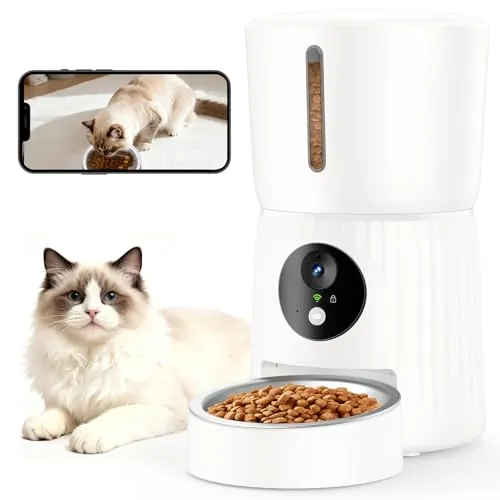 Faroro Comedero Gato Automático WiFi, 1080P HD Cámara con Visión Nocturna, 4L Alimentador para Perros/Gatos con Audio 2Vías, App Control,Sensor Anti-Bloqueo y Alimentación Dual (Blanco)