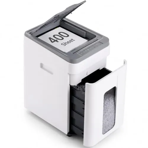 Destructora de Papel Automática 400 Hojas, P5 Microcorte | Trituradora de papel profesional para oficina y casa, modo automático continuo, cubo 50L y ranura manual de 8 hojas