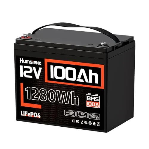 Humsienk Batería Litio LiFePO4 12V 100Ah, 1280Wh, BMS Inteligente de 100A, 4.000–15.000 Ciclos Profundos, Protección Baja Temperatura — para Solar, Autocaravana (RV), Emergencia