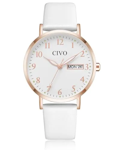 CIVO Reloj Mujer Fácil de Leer: Esfera Clara con Números Agujas Luminosas Fecha y Día - Analógico Reloj de Pulsera con Correa de Cuero Blanco para Uso Diario Informal Regalo