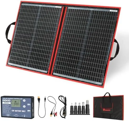 DOKIO Panel Solar PLEGABLE 100w 12v monocristalino portátil, impermeable, ideal para la energía solar al aire libre, embarcaciones, camping, caravanas o autocaravanas