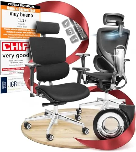 CLOUVOU MasterSeat Silla Escritorio Ergonomica [Ganador de la Prueba] Silla Oficina Ajustable Individualmente Office Chair & Gaming Chair | Carga máxima 150kg (Negro)
