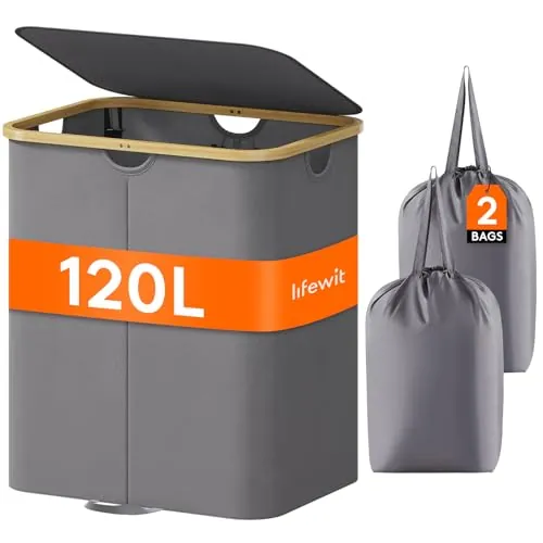 Lifewit Cesto Ropa Sucia Estrecho con Tapa, Cesto de Ropa Plegable con Bolsa Extraíble y Asa, Cesta Ropa Sucia de Bambú, Cubo de Ropa para Dormitorio, Baño, Lavandería, Dormitorio, 120 L, Gris