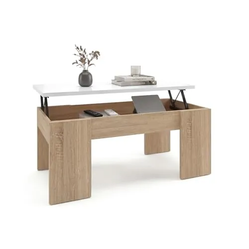 duehome | Mesa de Centro Elevable, Mesita de Salón o Comedor, Modelo Vita, Acabado en Color Roble Canadian y Blanco Artik, Medidas: 100 cm (Largo) x 50 cm (Ancho) x 45-53 cm (Alto)