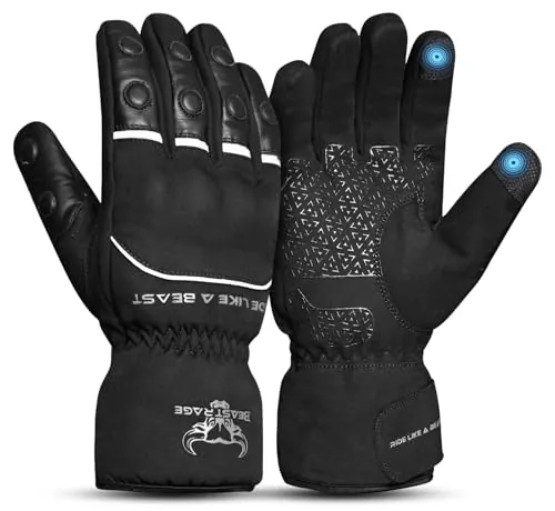 BEAST RAGE Guantes de Moto de Invierno para Hombres y Mujeres Forro térmico cálido, Impermeables, Resistentes al Viento, compatibles con Pantalla táctil, Guantes con Dedos completos para Clima (S)