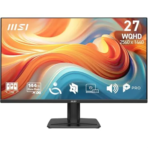 MSI Pro MP275QA E14 de 27" WQHD, 2560 x 1440 IPS, 144 Hz, 1 ms, Compatible con HDR, Adaptive-Sync, Eye-Care, Altavoz Integrado, HDMI 2.0b, DP 1.2a, sin Marco, inclinación Ajustable, Negro
