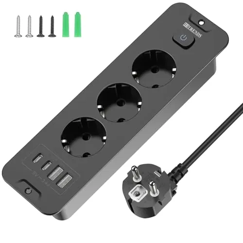 Enchufe retráctil con USB, 3 enchufes empotrables con 2 USB, enchufe empotrado en la mesa con 2 USB C, regleta con cable de 2 m para encimera, muebles, color negro
