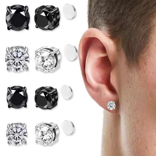 4 Pares Inoxidable Pendientes Iman Hombres Mujer Pendientes Magnéticos Sin Agujero Perforacion Diamante Circonita Falso Pendientes Clip Non Piercing 6/8