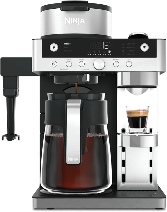 Ninja Prestige Cafetera 2 en 1 de café de filtro y de cápsula con espumadora incorporada, prepara cafés con leche, café helado y flat whites, color negro CFN802EU