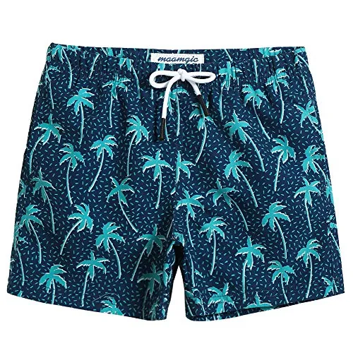 MaaMgic Bañador Niño Ropa de Baño para Niño Secado rápido Interior de Malla Short de Natación Estampado,Azul Marino Cocotero,10-12 años
