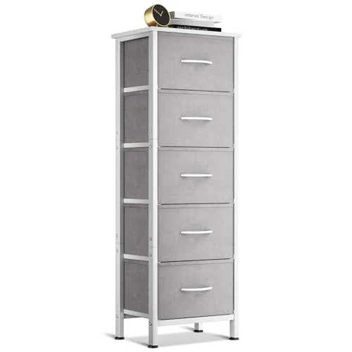 Coleshome Comoda Dormitorio, Comoda Estrecha con 5 Cajones de Tela | Cómoda Alta con Estructura de Acero Resistente , Tapa de Madera, Ideal para Dormitorio y Salón, Gris Claro 40 x 30 x120 cm