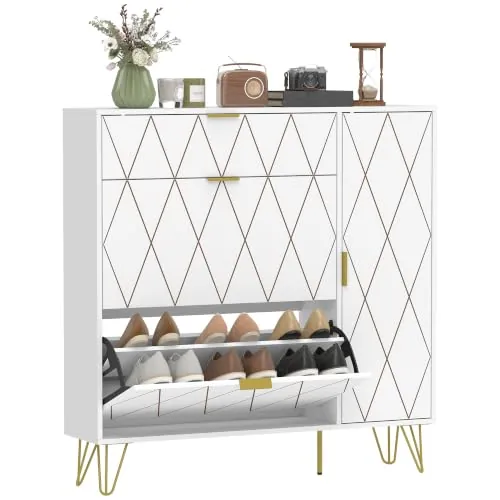 HOMCOM Zapatero Estrecho con 2 Cajones Abatibles 110x25x110,6 cm Blanco | Mueble Zapatero Moderno con Armario y Estantes Ajustables, 10-14 Pares de Zapatos, para Pasillo, Entrada, Recibidor