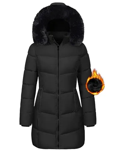 Vancavoo Parka Mujer Invierno Cálida Acolchada Larga Abrigo con Capucha | Chaqueta con Forro Polar, Capucha y Ribete Desmontables, Puños Elásticos y Bolsillos con Cremallera,Negro,L