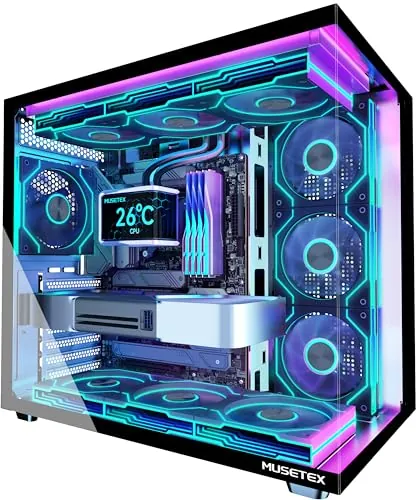 MUSETEX Y6 Caja PC, con 7 Ventiladores PWM ARGB de Espejo Infinito Preinstalados, Caja de Computadora ATX de Torre Mediana, Caja PC Gaming con Tipo-C, Cristal Templado de Vista Completa de 270°, Negro