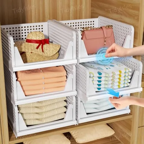 TidyIsles Organizador de Armario Paquete de 4, Organizadores Plegables y Apilables, Cesta Almacenamiento de Plástico para Cajones, Solución de Organización de Ropa para Dormitorio, Blanco