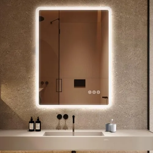Ratsamee Espejo Baño con Luz 60x80cm, Espejos de Baño con LED con Antivaho, Regulable, 3 Colores Luz, Función Memoria