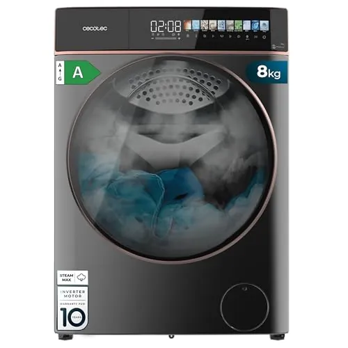 Cecotec Lavadora Secadora 8-5Kg Carga Frontal Bolero Wash&Dry 85900 Inverter Steel A, 1400 rpm, 11 programas, Motor Inverter Plus, pantalla FullColor 10,3", Funciones SteamMax, Stop&Go, Delay End