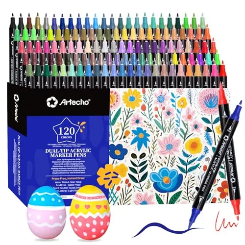 Artecho Lápices acrílicos de 120 colores, 0,5 – 5 mm, resistente al agua, doble punta (pincel y punta fina), con extremos dobles para pintura de roca, papel, madera, huevo, lienzo