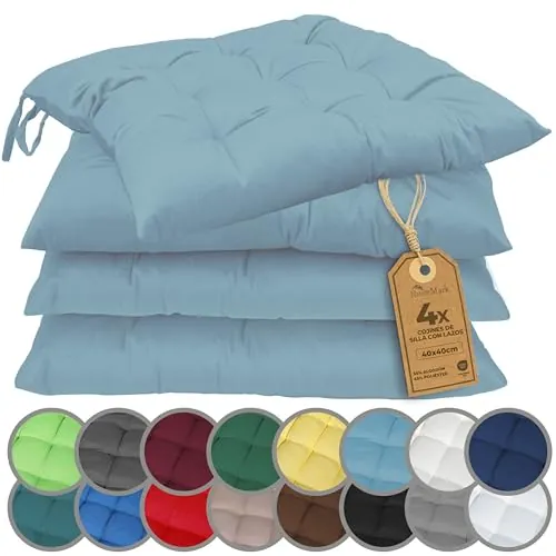 NatureMark Set de 4 Cojines para Sillas con Lazos 40x40 cm – Cojín de Asiento Relleno para Cocina, Jardín y Terraza – Color Azul Claro