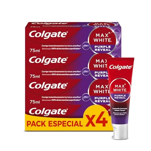 Colgate Max White Purple Reveal Pasta de Dientes Blanqueadora, 4 Uds x 75ml, Dentífrico Blanqueador de Dientes con Tecnología de Corrección Óptica del Color, Corrige al instante* los Tonos Amarillos