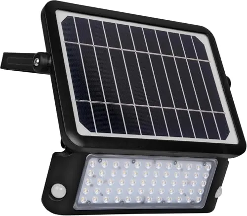 Luceco Foco LED Solar para Exterior con Sensor de Movimiento PIR, Luz de Seguridad, Iluminación Exterior, Diseño Angular, Ajustable, Guardian, Negro, IP65, 10W, 1080lm, 4000K, LEXSF11B40