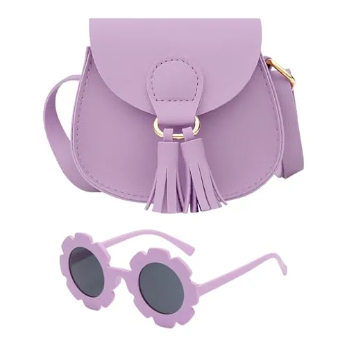 2PCS Bolso de mano para niñas pequeñas con gafas de sol para niños HSYWSH-bolso de mano morado para niños, pequeñas con gafas de sol para niños,bonitos bolsos para niñas con colgante de borla (Morado)