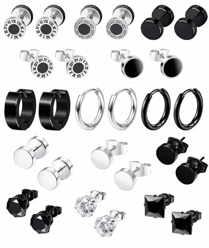 14 Pares Pendientes Hombre Acero Inoxidable Pendientes de Aro Negros Pendientes Barbell Aretes Kpop Stud Pendientes Plata Redondos Circonita Pendientes para Hombres y Mujeres