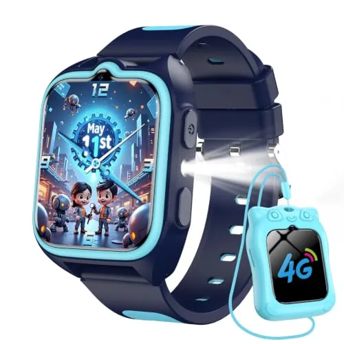 Yxtel Reloj Inteligente Niño 4G Smartwatch Niños con GPS, Videollamadas, SOS, Linterna LED, Cámara, Podómetro, IP68, Modo Escuela, Despertador, Mensajes, Azul para Niñas y Niños